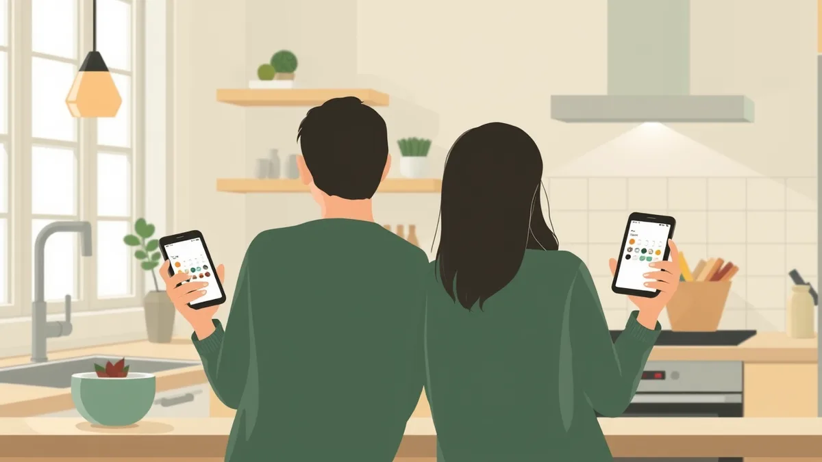 Two partners checking the same shared calendar on their phones in a kitchen