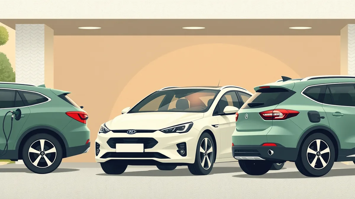 A row of petrol, diesel and electric family cars parked outside a UK service garage