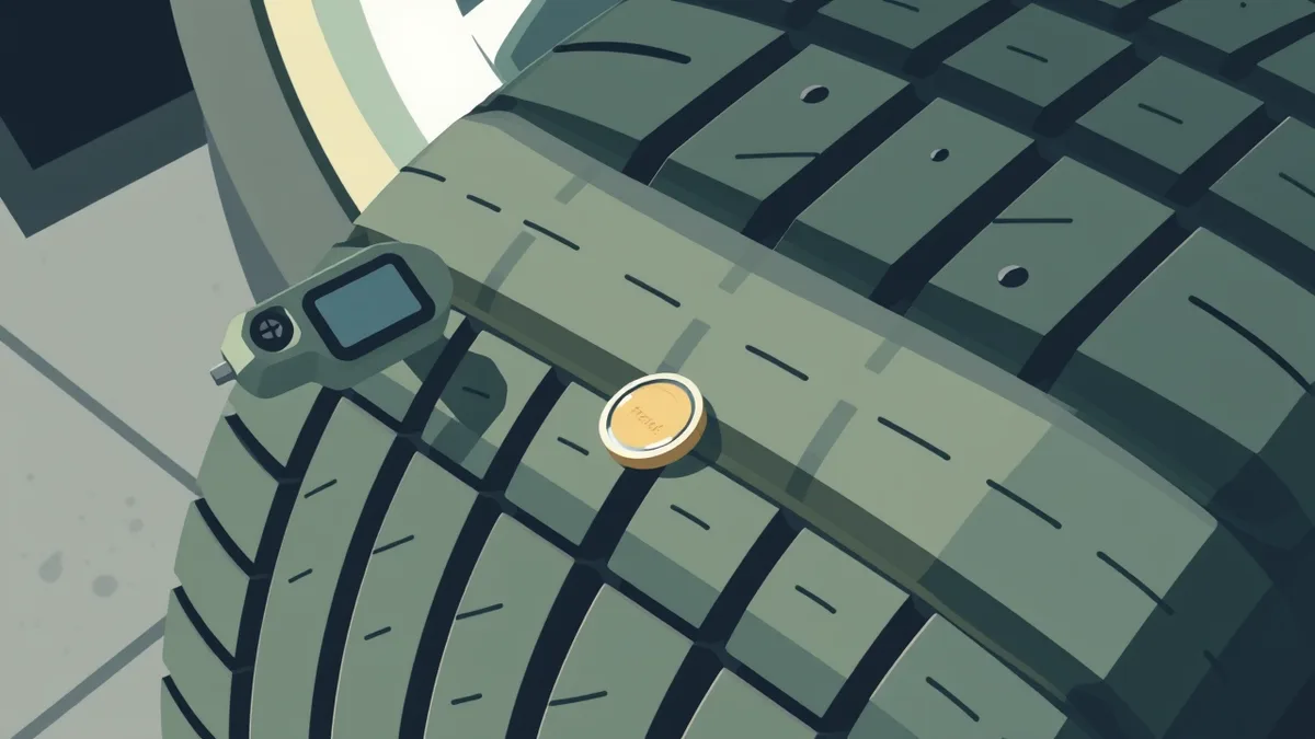 A driver checking the tread on a front tyre with a tread-depth gauge on a UK driveway