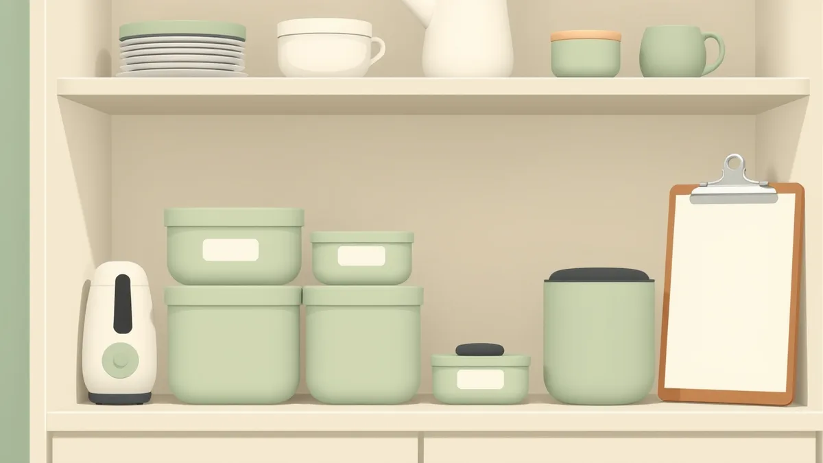 Illustration of a neat utility shelf with labelled storage boxes, an appliance and a clipboard.