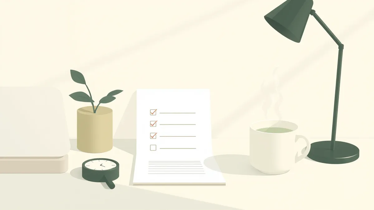 Illustration of a tidy desk with a checklist notepad, a focus timer and a mug in soft morning light.