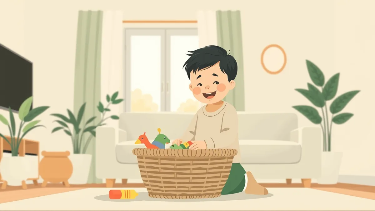 A cheerful child helping tidy a bright living room, placing toys into a basket, warm and calm flat illustration