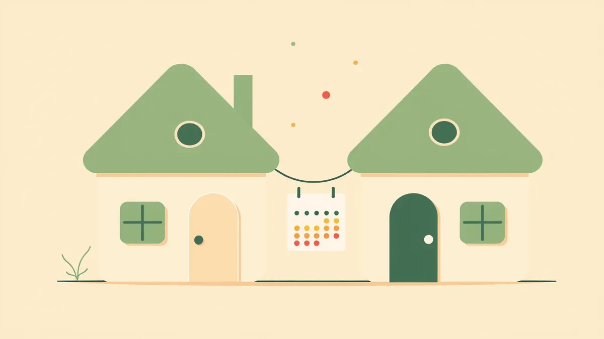 Two warm, tidy homes side by side linked by a soft connecting line, with a shared calendar card between them, calm and friendly