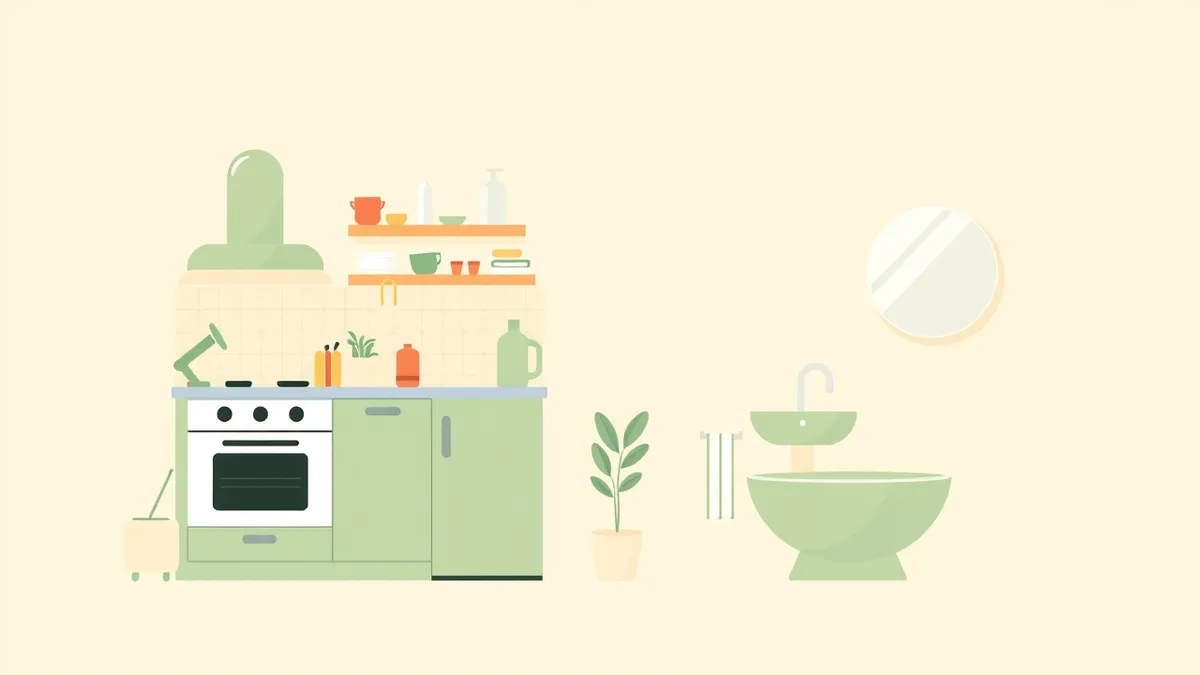 A clean, calm home interior with a kitchen and bathroom shown side by side, warm flat illustration