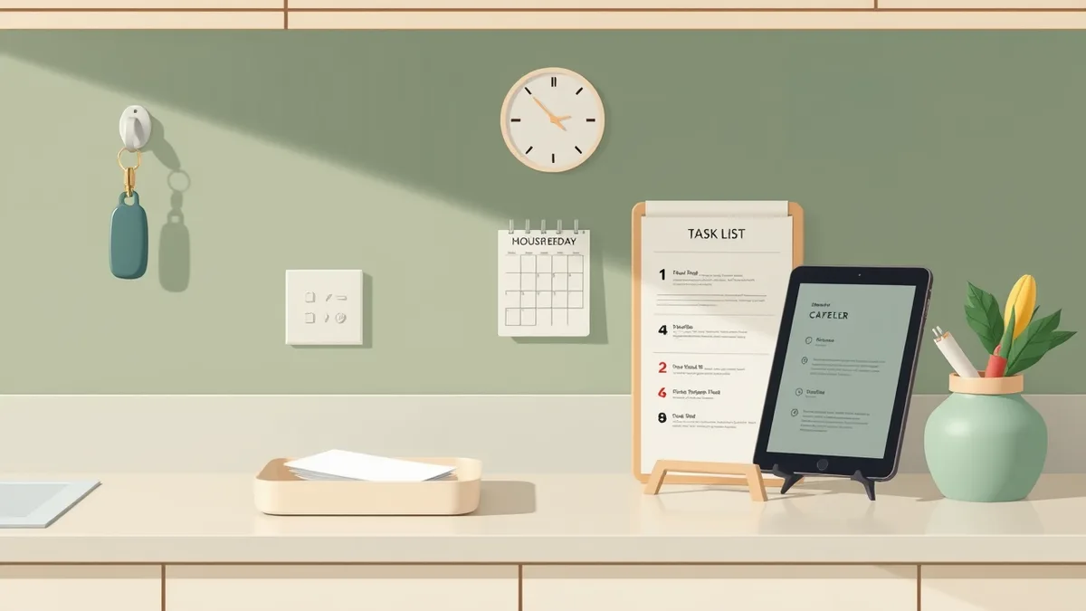 A kitchen worktop command centre with a key hook, a tray for outgoing post, a small wall calendar and a tablet showing a shared task list.