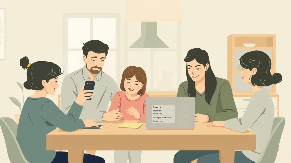 A family checking a shared digital task list and calendar together at the kitchen table, with chores assigned to each person's name.
