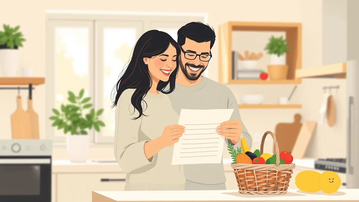 Two people in a bright kitchen smiling together over a shared household shopping list with items grouped by store.