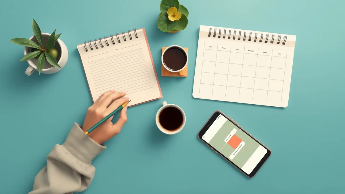 Hands planning the week in a notebook beside a desk calendar, a phone showing a shared family calendar, and a mug of coffee on a blue table.
