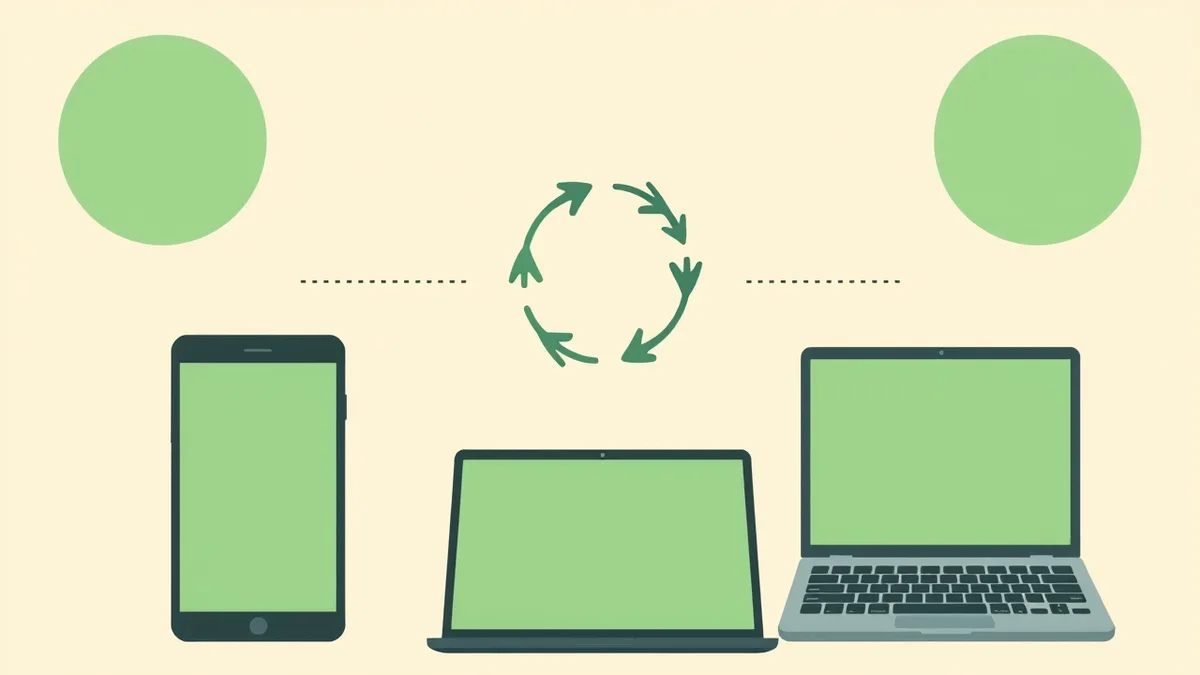 A single shared calendar feeding into several different phones and laptops, shown as wordless flat device icons