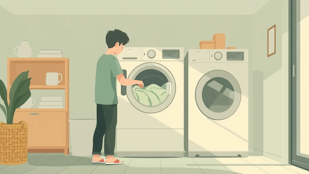 A person calmly starting one small household task in a tidy bright room, taking the first step, warm flat illustration