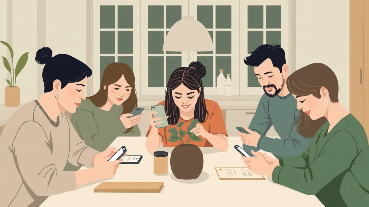 Family members adding tasks and ticking off chores together on phones around a kitchen table