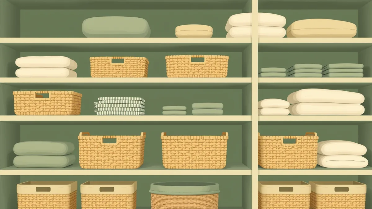 A calm, well-organised living space with tidy shelves and labelled baskets, warm flat illustration