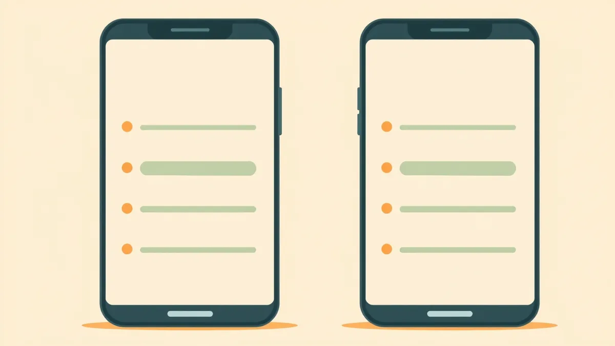 Two phones side by side showing the same shared agenda as a simple list of coloured items, warm flat illustration