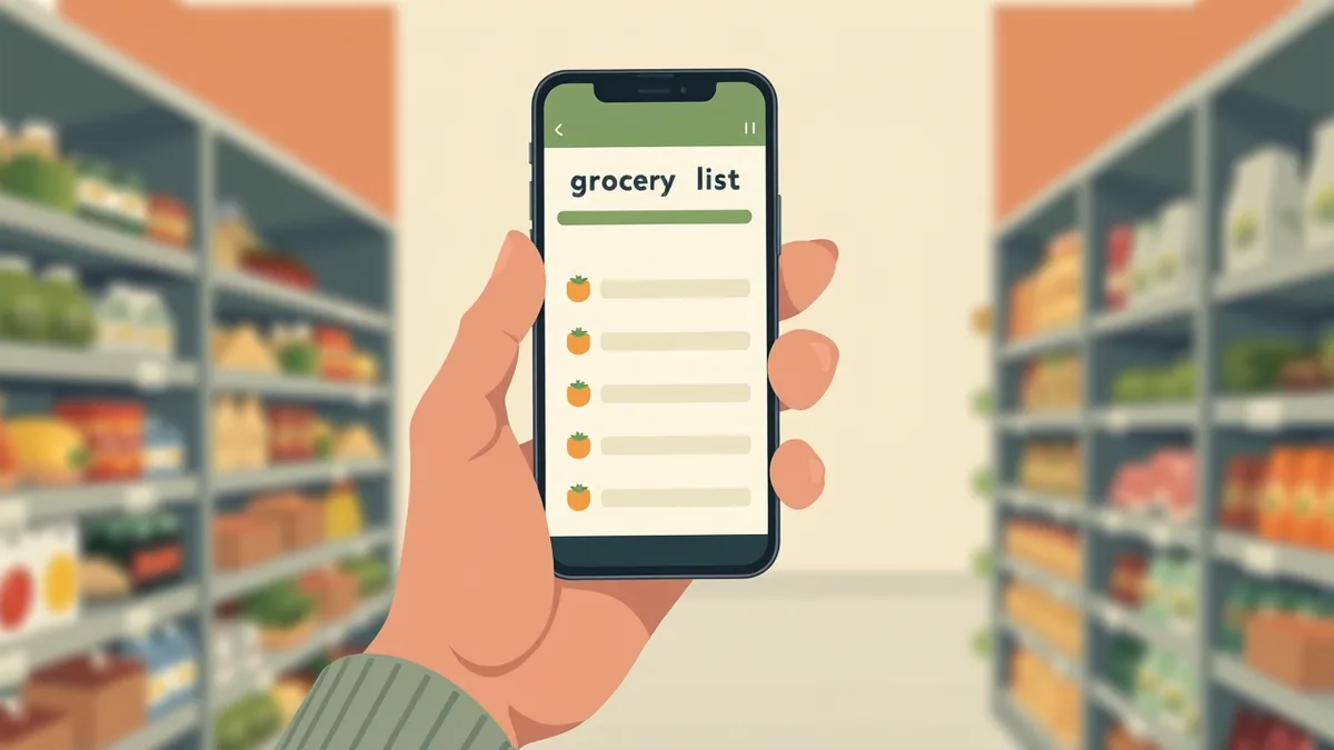 A grocery list grouped into aisle sections labelled produce, dairy, tinned goods and chilled, shown on a phone in a supermarket