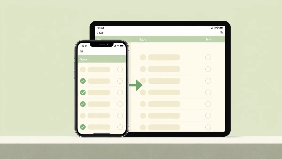 A shared family shopping list open on an iPhone and an iPad side by side, both showing the same checked and unchecked grocery items in sync