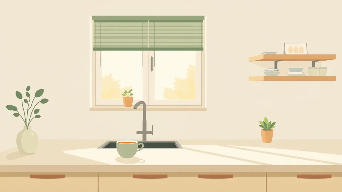 A calm Sunday morning kitchen with tidy surfaces, a cup of tea and soft daylight, warm flat illustration