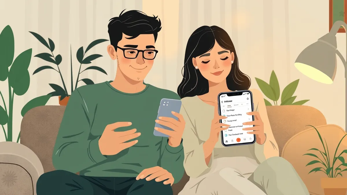 Illustration of two partners at home checking the same shared calendar and to-do list on their phones.