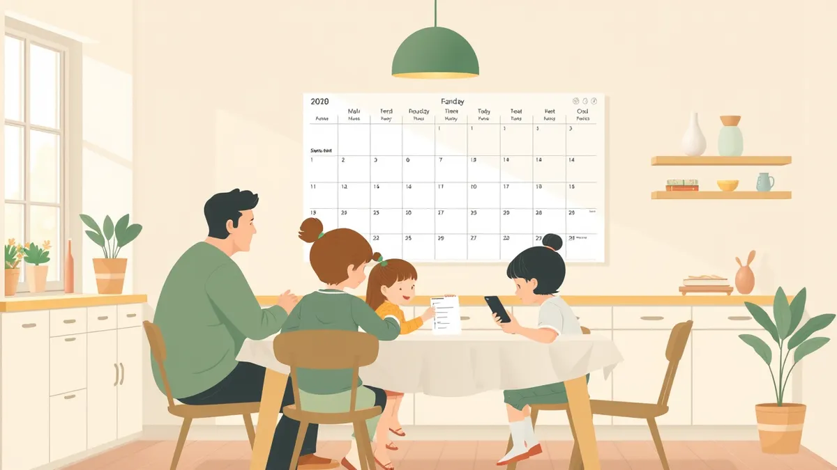 Illustration of a family around a kitchen table with a shared wall calendar and a phone showing the day's tasks.