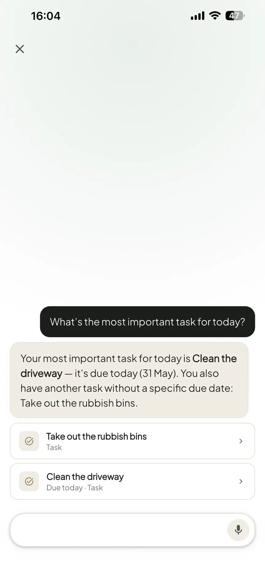 The OneHaus AI assistant answering which task matters most today, with the relevant tasks listed below