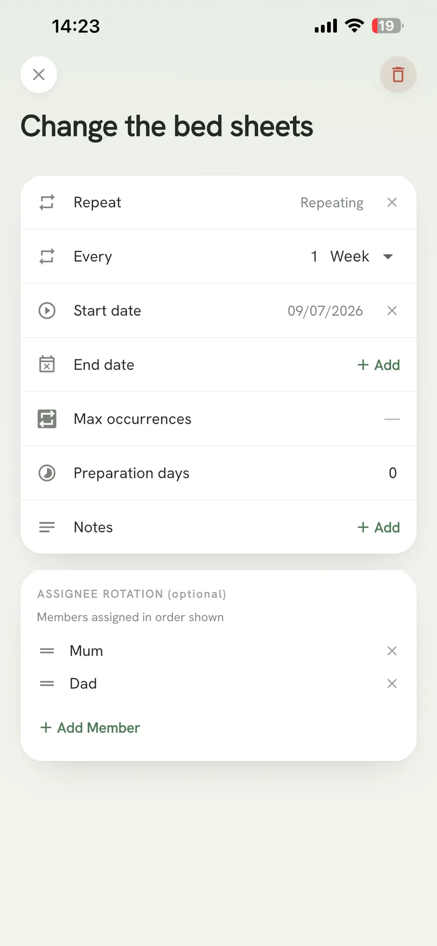 A repeating task in OneHaus rotating through household members in a set order
