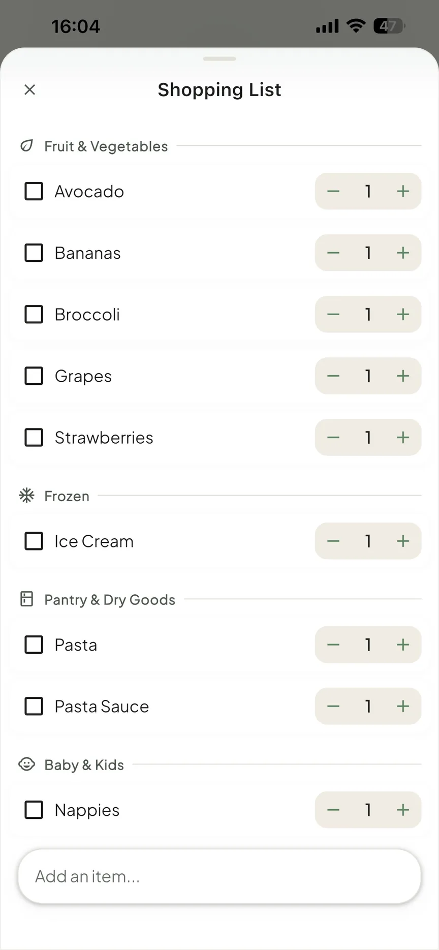 A OneHaus shared shopping list sorted into aisle categories on an iPhone