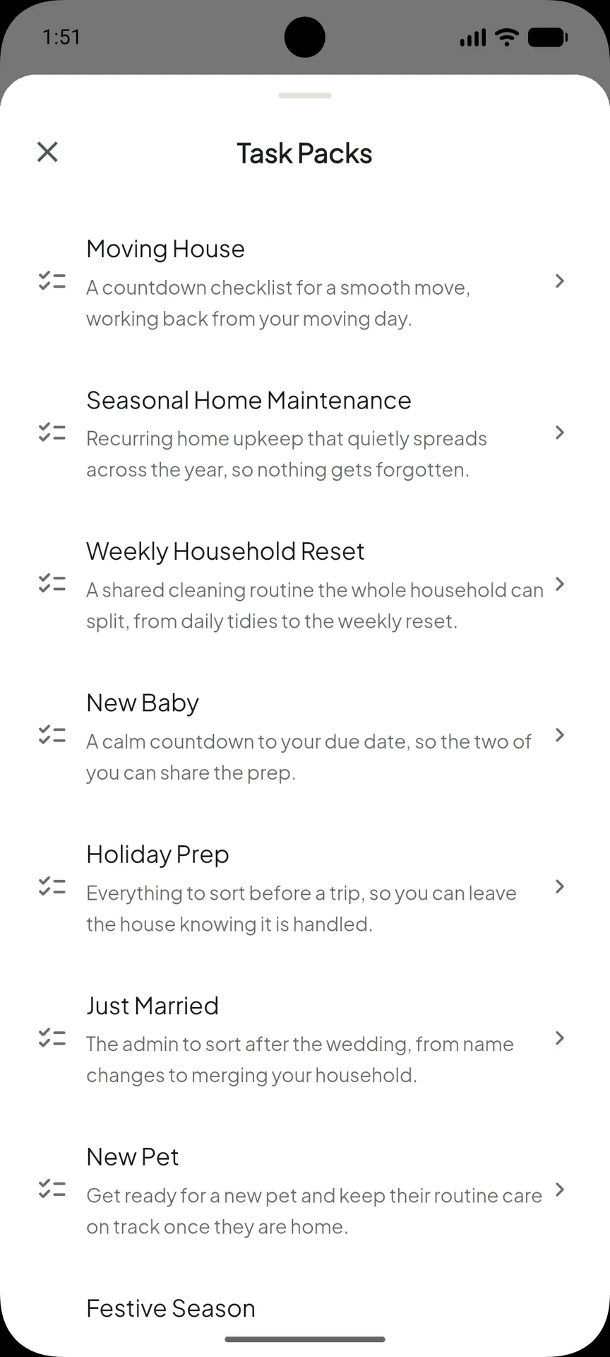 The OneHaus task pack library showing ready-made packs for home and car maintenance, pets, a new baby and more