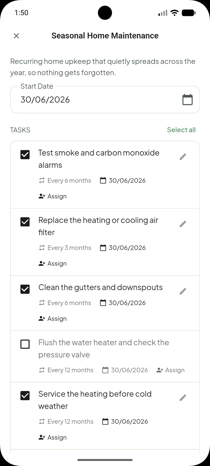 A OneHaus task pack adding a set of home maintenance jobs with their recurring schedules in a couple of taps