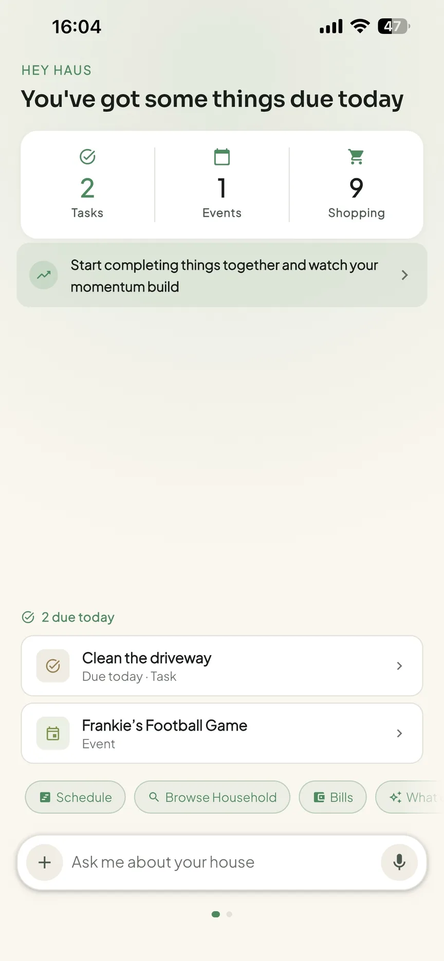 The OneHaus home screen showing today's household tasks and events
