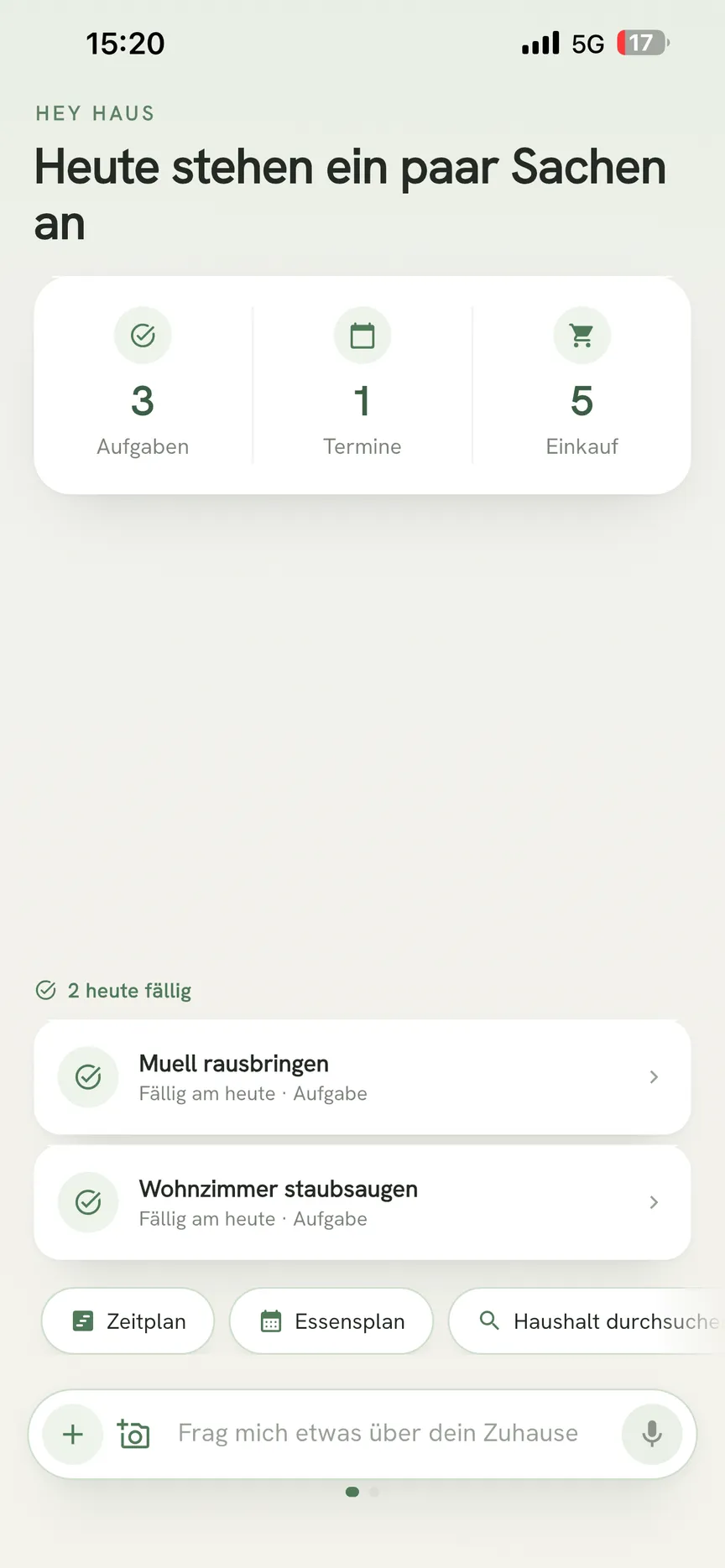 OneHaus App-Startbildschirm mit den heutigen Aufgaben und Haushaltsstatistiken