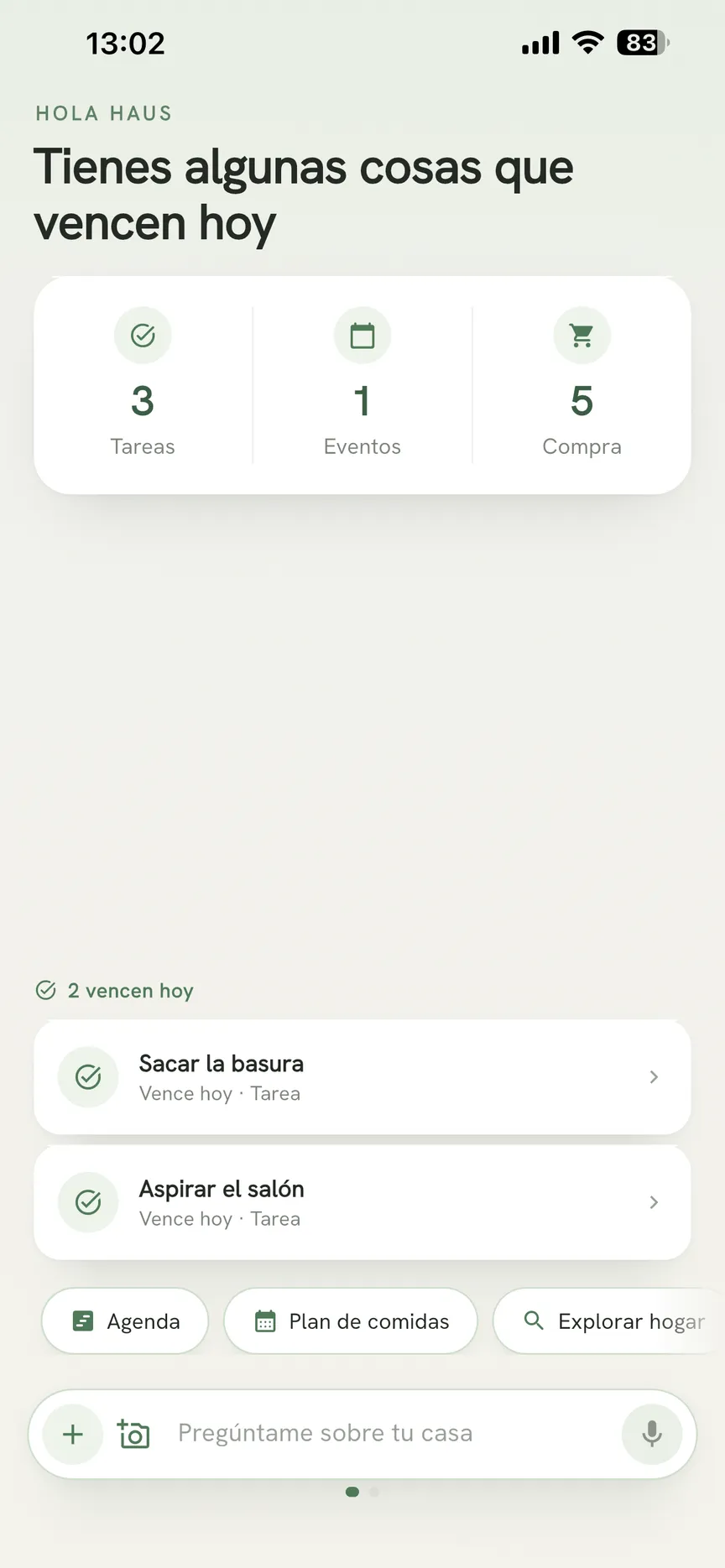 Pantalla de inicio de la app OneHaus con las tareas de hoy y las estadísticas del hogar
