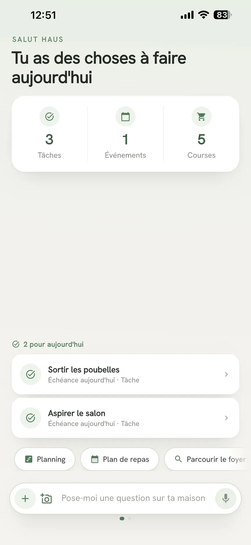 Écran d'accueil de l'app OneHaus affichant les tâches du jour et les statistiques du foyer