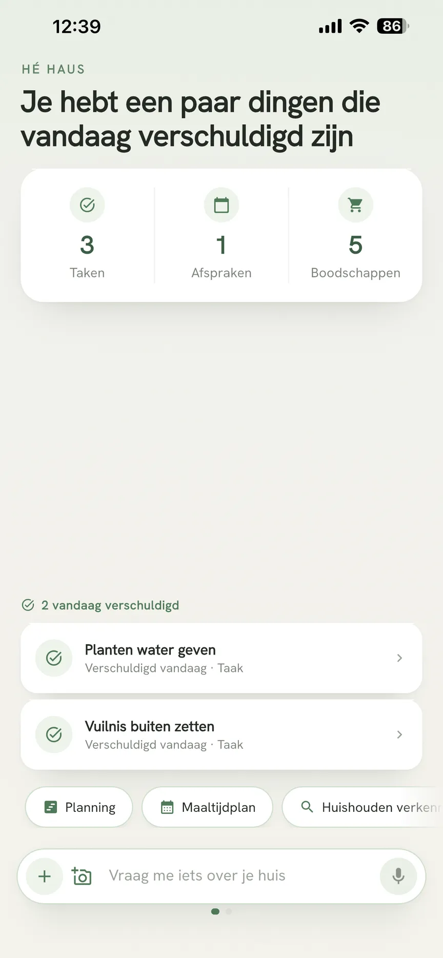 OneHaus-app startscherm met de taken van vandaag en huishoudstatistieken